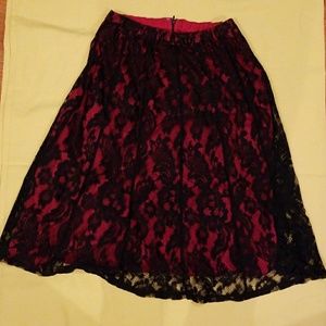 Red with black lace overlay midi skirt